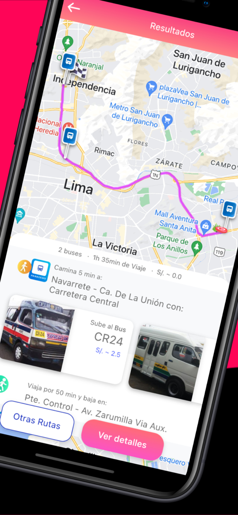 TuRuta (antes TuMicro) - TuRuta mobile app interface showing a public transit route map in Lima Peru with bus details and fare estimates