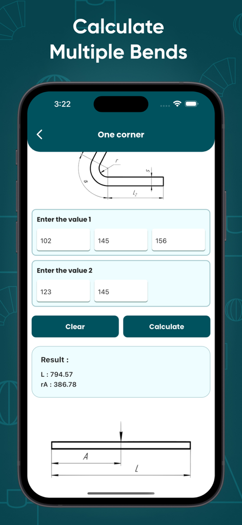 Bending Sheet Metal Calculator - Interface of the Bending Sheet Metal Calculator app showing calculation inputs for a single corner bend