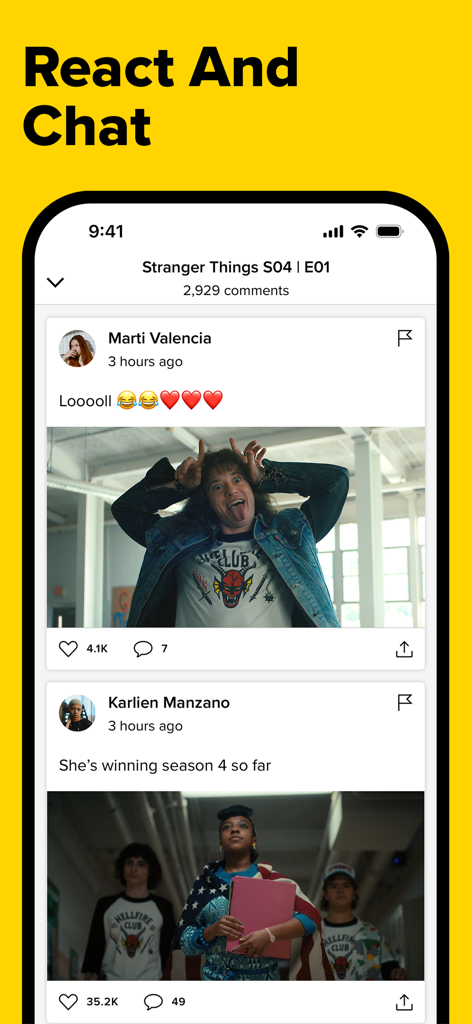 TV Time: Track Shows & Movies - TV Time mobile app interface showing a fan community chat for Stranger Things