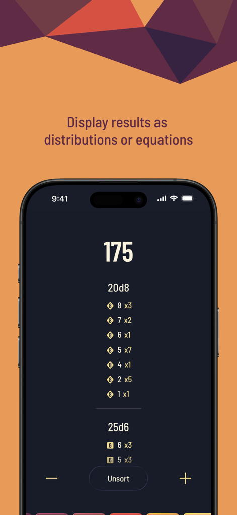 Twilight Dice App-Oberfläche, die eine Gesamtsumme und eine detaillierte Verteilung der Würfe für zwanzig W8 und fünfundzwanzig W6 Würfel anzeigt