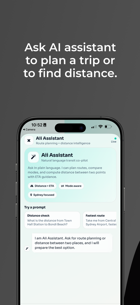 Bildschirm des KI-Routenassistenten in der Adelaide ÖPNV-App zur Planung von Fahrten mit natürlicher Sprache