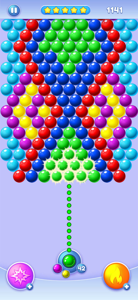 Bubble Pop - Shoot Bubbles - Jeu de puzzle classique de tir à bulles montrant des ballons colorés et un chemin de visée.