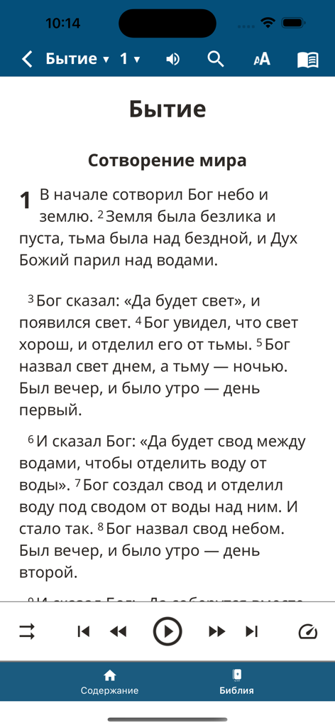 Святая Библия, Pусский перевод - Uma tela de celular mostrando a tradução russa da Bíblia Sagrada começando com o livro de Gênesis.