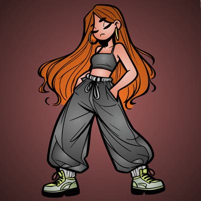 girl in baggy pants crop top and long hair