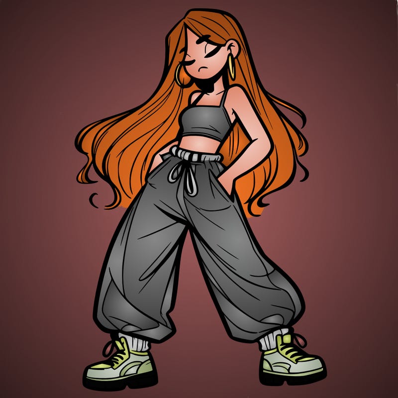 girl in baggy pants crop top and long hair