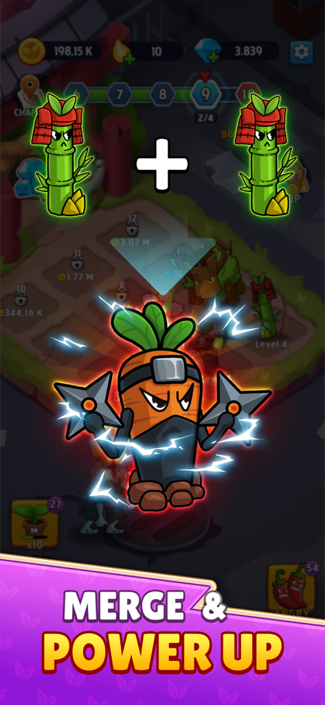 Flower zombie: City Defense - Juego que muestra la mecánica de fusión y mejora donde las plantas evolucionan a un héroe zanahoria ninja