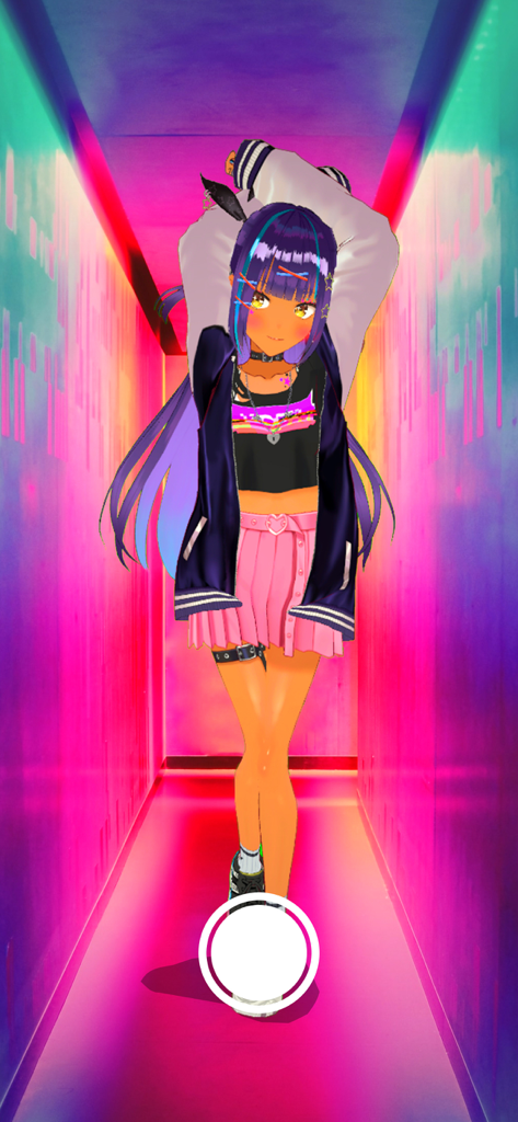 Pose Mixer AR - Un personaje anime 3D posando en un vibrante pasillo de neón rosa y azul
