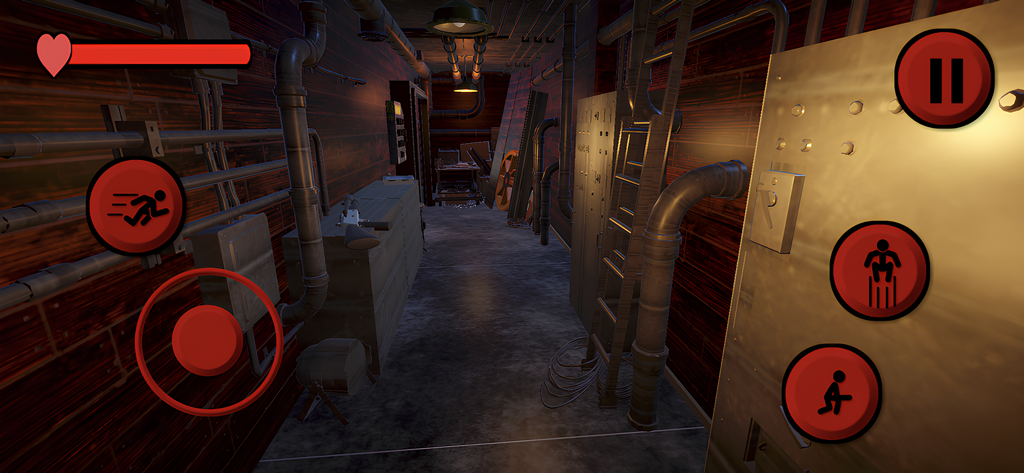 Fnaf Secret of the Mimic Mod - In-game screenshot of Fnaf Secret of the Mimic Mod showing a dark industrial corridor with mobile action buttons