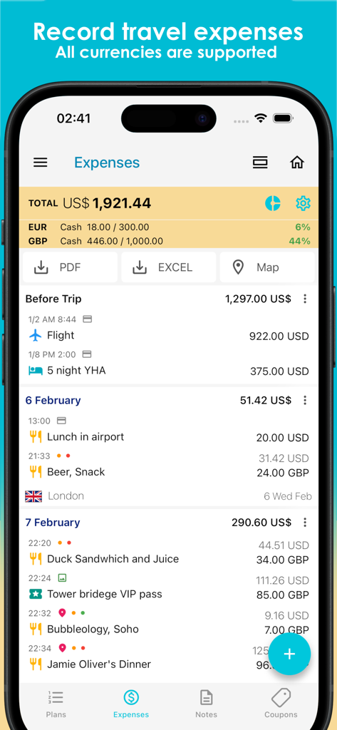 SaveTrip - SaveTrip 모바일 앱 인터페이스에 다중 통화 지원이 포함된 상세한 여행 경비 및 예산 추적이 표시됩니다