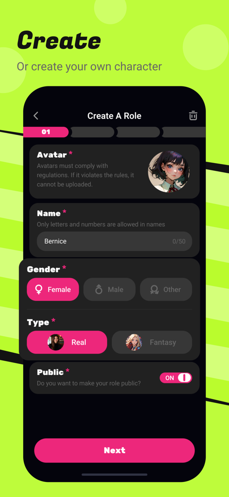 Crazy - Role Playing Companion - AI character creation screen in the Crazy Role Playing Companion app showing avatar name and gender selection fields