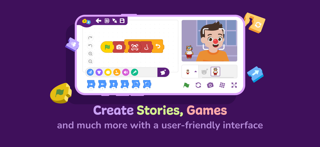 PictoBlox Junior Blocks - Oberfläche von PictoBlox Junior, die blockbasierte Programmierung und KI-Gesichtserkennung für Kinder zeigt