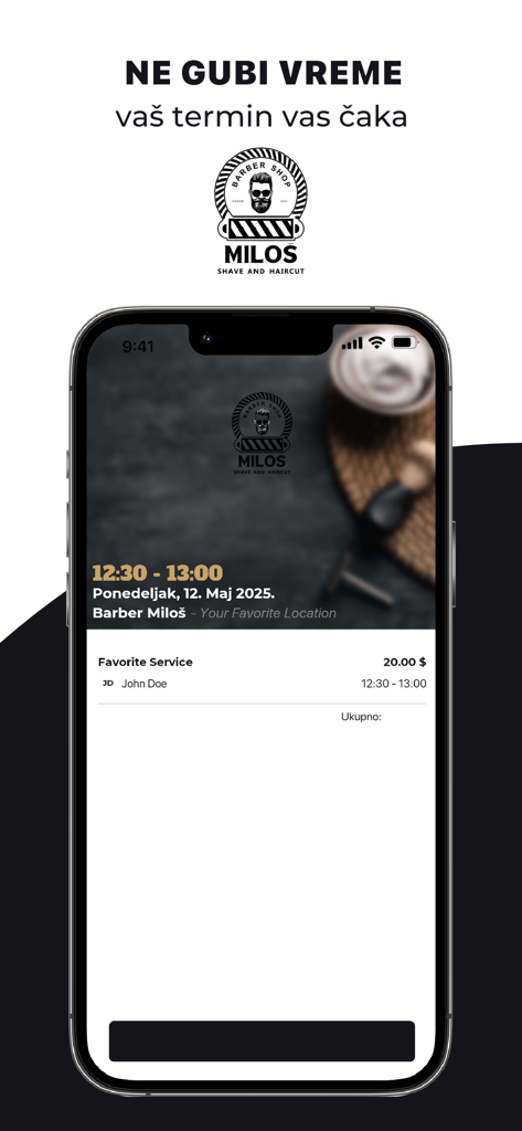 Barber Miloš - Mobile phone displaying an appointment booking summary for Barber Milos hair salon.