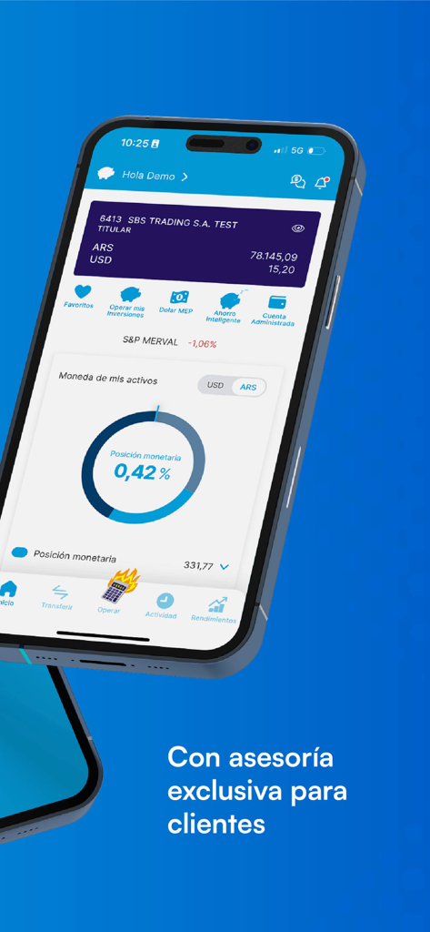 Panel de control de la aplicación móvil Quicktrade que muestra el portafolio de inversiones en pesos y dólares