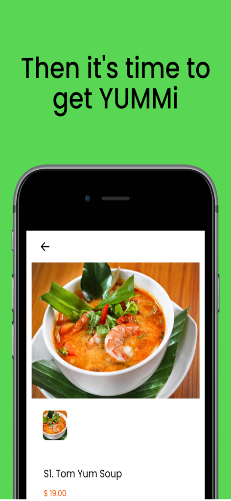 A bowl of Tom Yum soup with shrimp shown on the YUMMi food delivery mobile app