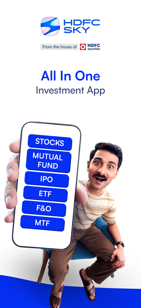 Mobile screen of HDFC SKY all-in-one investment app featuring stocks and mutual funds.