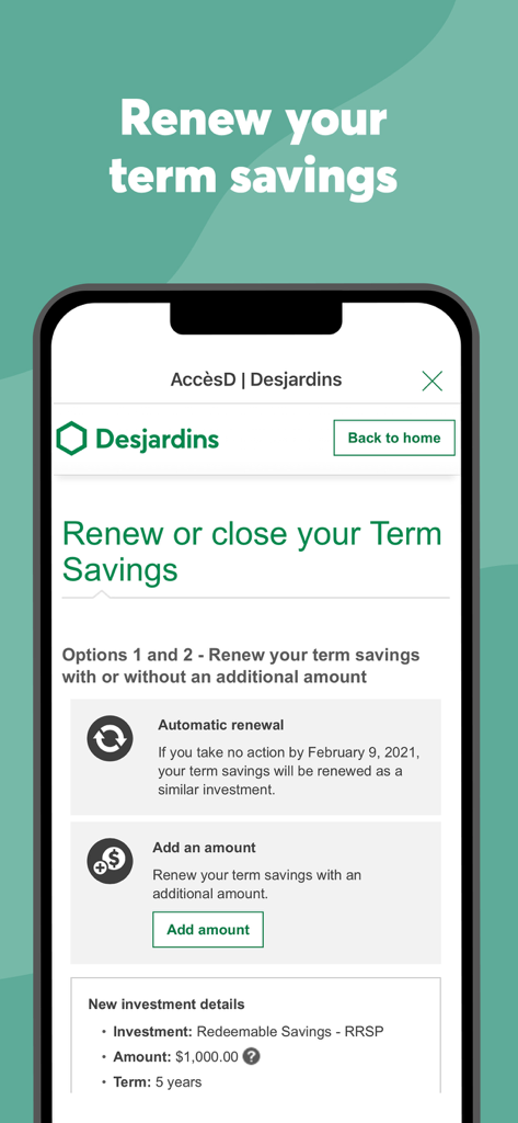 Desjardins mobile services - Bildschirm der Desjardins Mobile App zur Erneuerung oder Schließung von Termingeldkonten