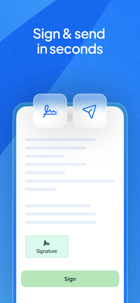 Sign.Plus - Sign PDF Documents - Una pantalla móvil que muestra la interfaz de la aplicación Sign.Plus con un documento listo para ser firmado y enviado.