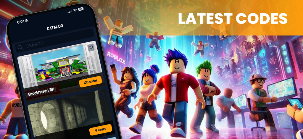 Mobile smartphone screen displaying the Game Codes for Roblox app catalog with latest promo codes