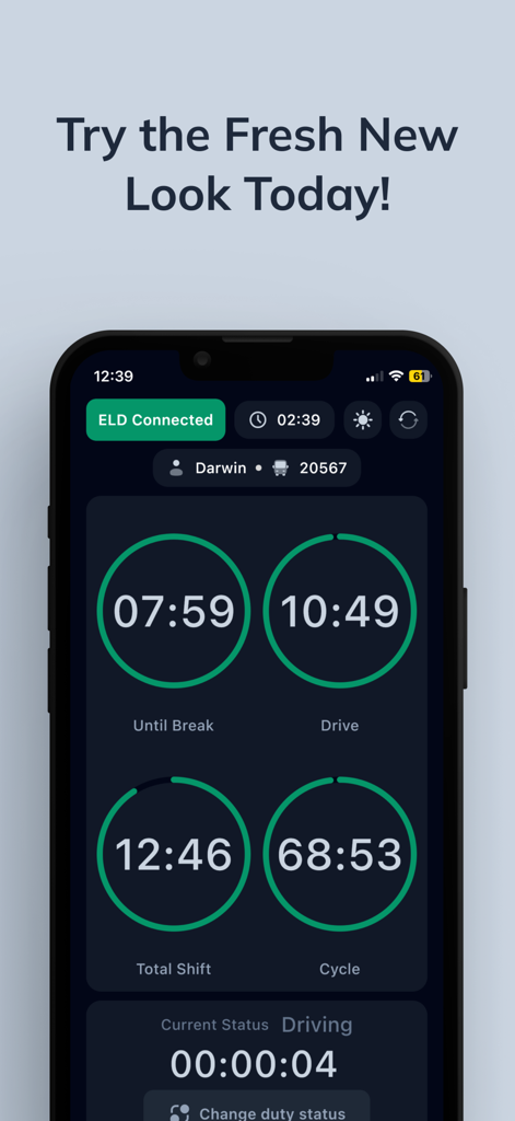 Quantum Logbook ELD app interface showing driving hours and shift timers.