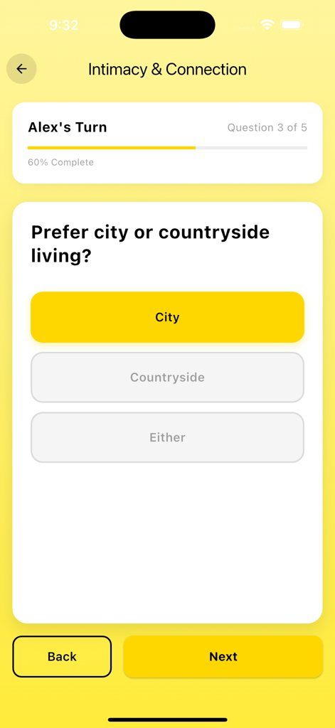 A dating app interface showing a compatibility question about city or countryside living preferences.