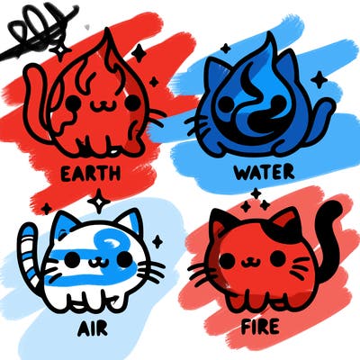 4 cats that represent the different elements, earth, water, air, and fire