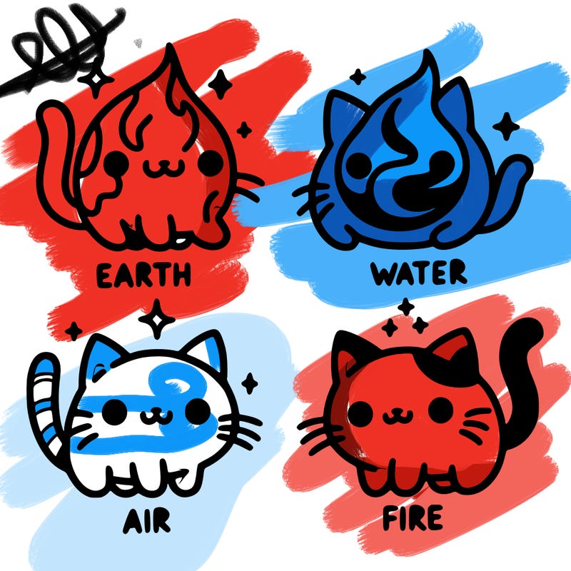 4 cats that represent the different elements, earth, water, air, and fire
