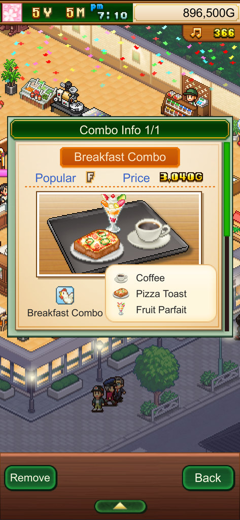 Cafe Master Story - Captura de tela do gameplay mostrando um menu de combo de café da manhã em Cafe Master Story com pizza de café, torradas e parfait de frutas