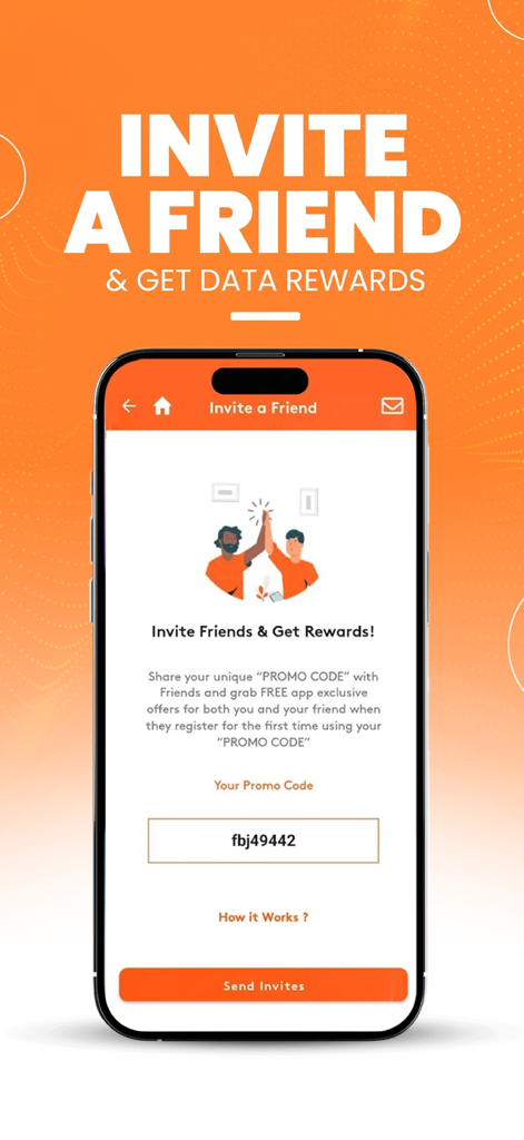 Uma tela de aplicativo móvel para o Hutch App intitulada Indique um Amigo e Ganhe Recompensas de Dados, apresentando um código promocional exclusivo e instruções de indicação.