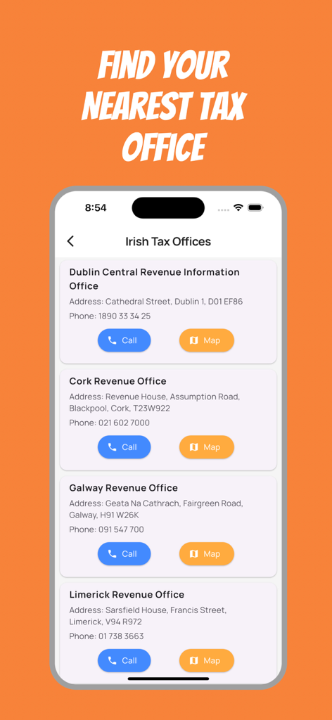 A list of Irish tax offices in Dublin, Cork, Galway, and Limerick with address, phone number, and map location buttons.