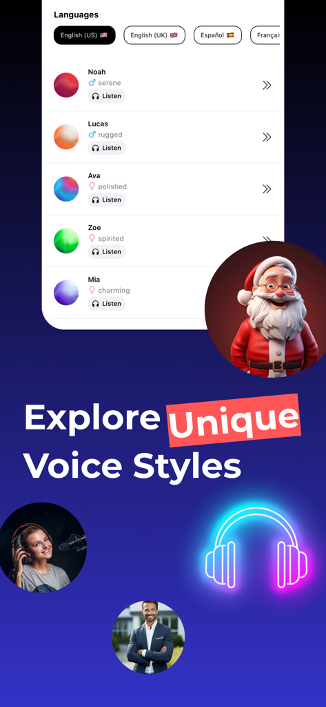 Text to Speech - xLab Audio AI - Interfaz de Text to Speech xLab Audio AI mostrando diferentes estilos de voz y opciones de idioma.