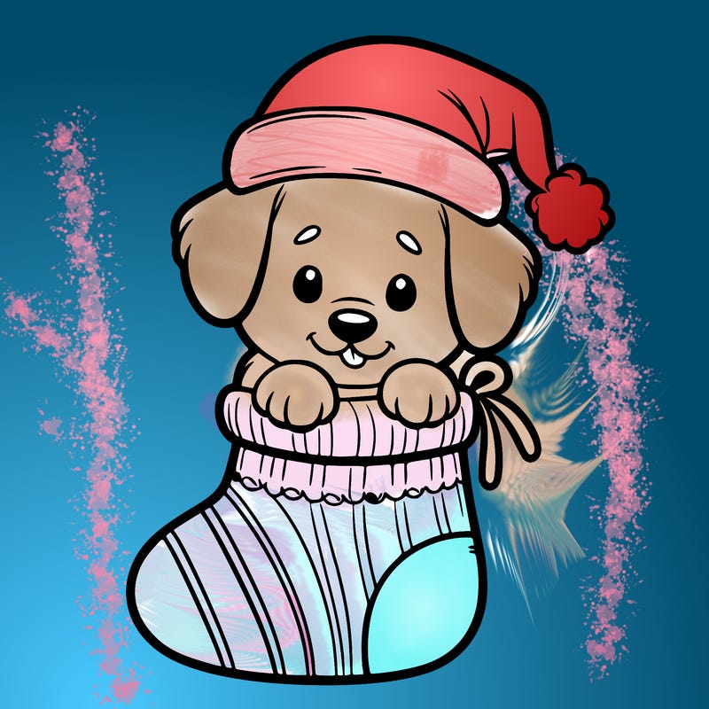 cute puppy wearing santa hat in socking