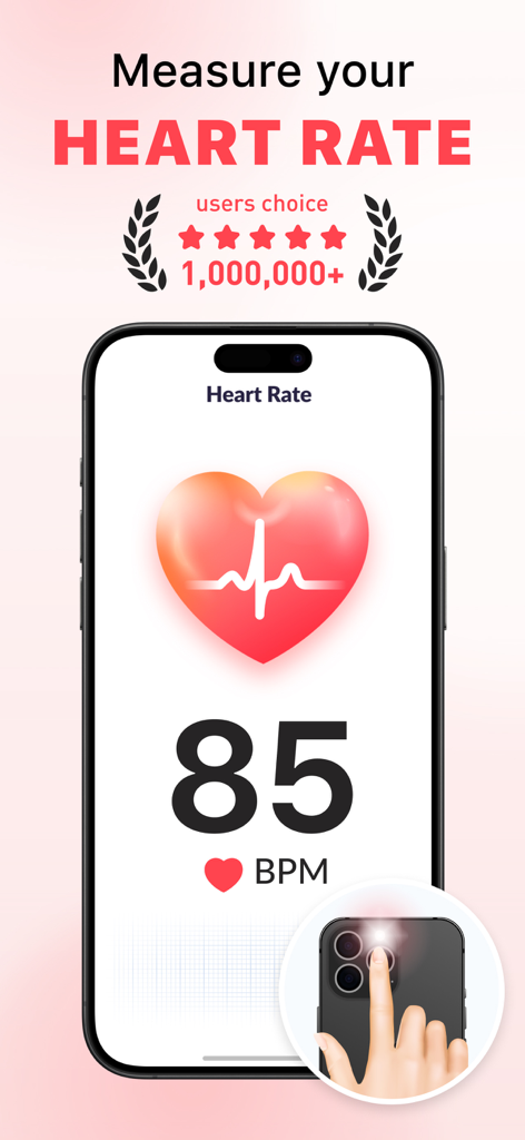 Heart Rate Monitor app interface showing a heart rate of 85 BPM and a finger over the phone camera flash for measurement
