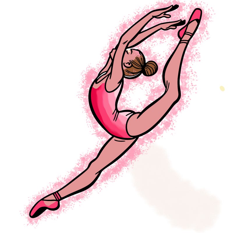 gymnast doing a leap in a leotard with a bent back leg