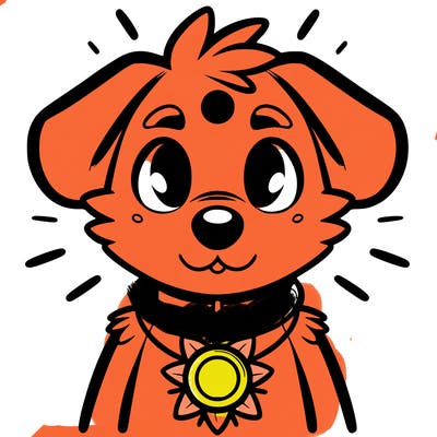 a anthropomorphic dog with a spot on his eye and a sun necklace