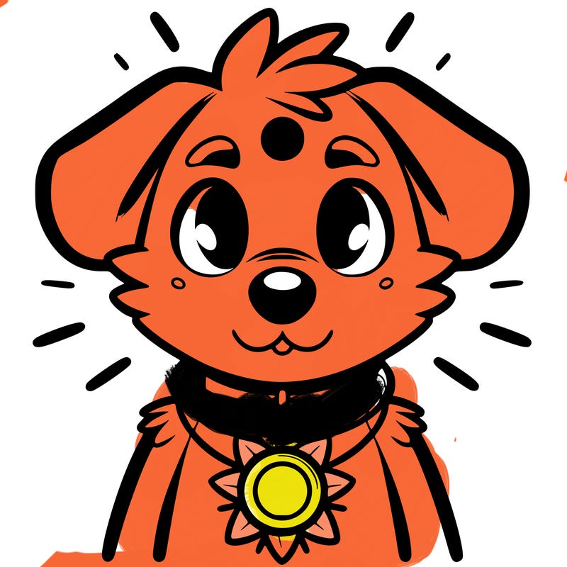 a anthropomorphic dog with a spot on his eye and a sun necklace