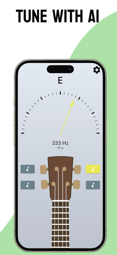 Ukulele Tuner - Simple Tuner - Interface de l'application d'accordeur de ukulélé affichant la fonction d'accordage IA et un cadran d'aiguille de fréquence visuel