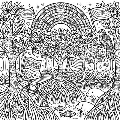 Dive into a unique coloring adventure celebrating both nature and diversity with this intricate mangrove forest design. Featuring joyful wildlife and symbols of Pride, it's a perfect blend of ecological beauty and heartfelt expression.