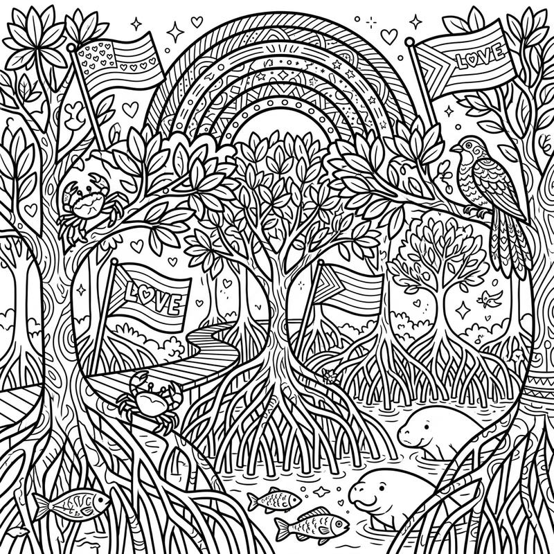 Dive into a unique coloring adventure celebrating both nature and diversity with this intricate mangrove forest design. Featuring joyful wildlife and symbols of Pride, it's a perfect blend of ecological beauty and heartfelt expression.