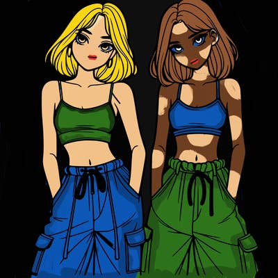 two girls with crop top with baggy pants