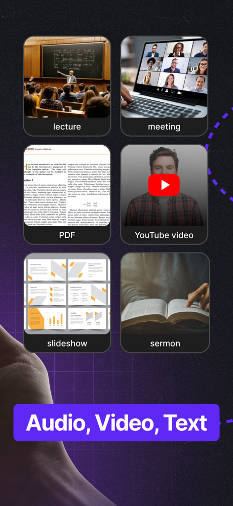 Turbo AI - Notetaker - A grid showing various audio video and text sources for AI note taking including lectures meetings PDFs YouTube videos slideshows and sermons