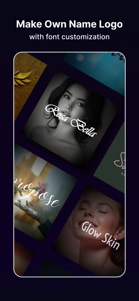 Cava AI Logo Maker: Rebrand - Mobile app screen showing personal name logo designs with customizable font styles for creators and influencers.