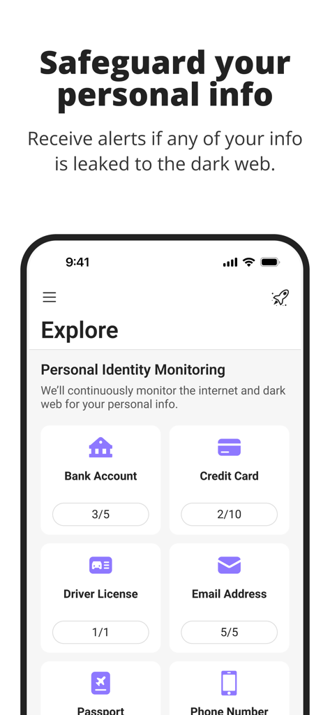 Dashboard of the Trend Micro ID Protection app showing personal identity monitoring for bank accounts and credit cards