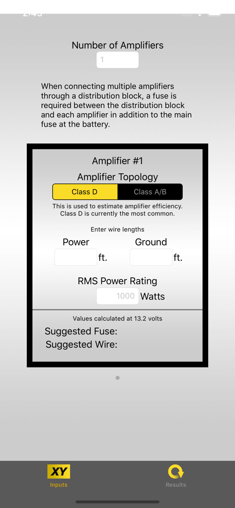 Kicker U - Interface of the Kicker U app showing an amplifier wiring calculator with inputs for power rating and wire length to suggest fuse and wire sizes.
