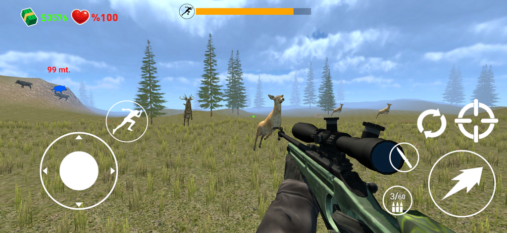 First person view of a sniper rifle aiming at deer in an open field in Beast Tracker Survivor mobile game
