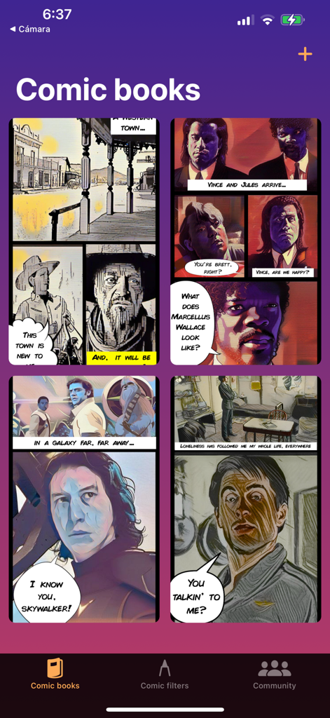 Stylo - AI Comic Artist - A gallery of comic book pages created with the Stylo AI Comic Artist app showing various art styles and speech bubbles