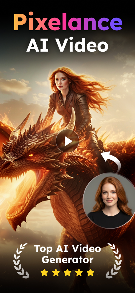 Pixelance: AI Video Generator - Interface do aplicativo gerador de vídeos por IA mostrando uma foto de retrato transformada em um vídeo cinematográfico de uma mulher montando um dragão