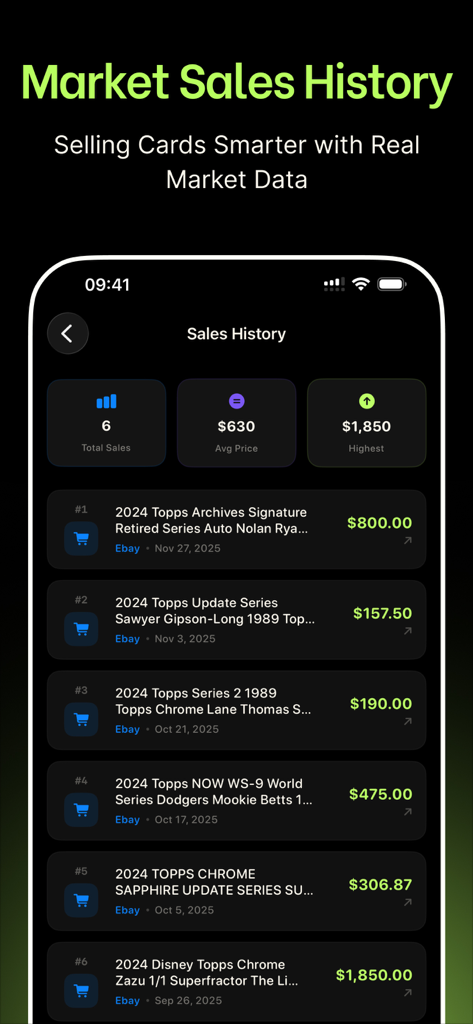 SnapCard: Sports Card Scanner - SnapCard app screen showing market sales history with average price and highest sale data for sports cards