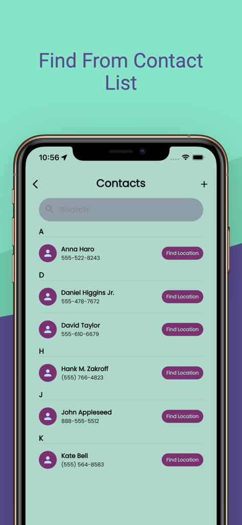 Cell Phone Location Tracker + - 場所を見つけるオプションが表示された連絡先リストを示す携帯電話画面