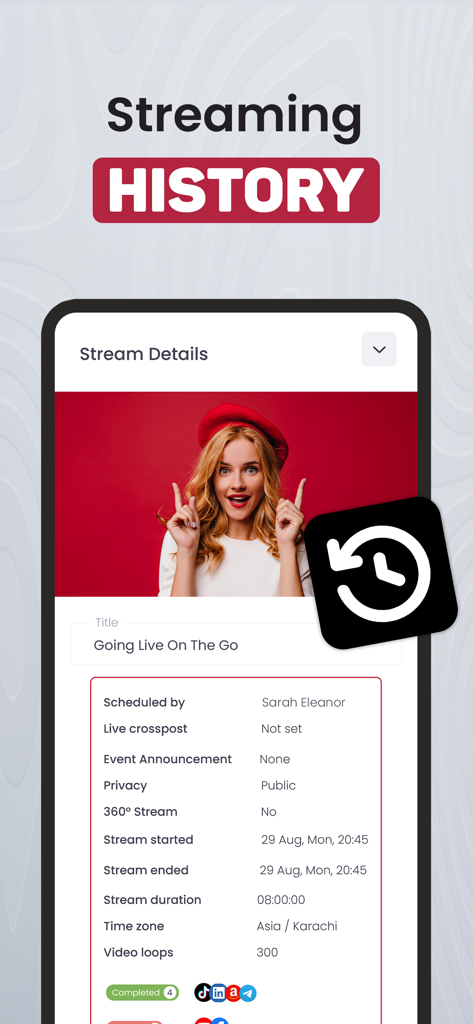 OneStream Live - Interface de l'application mobile montrant les détails du flux et l'historique de diffusion pour OneStream Live.