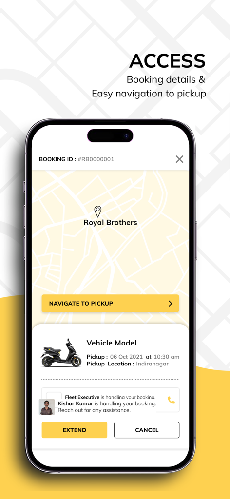 Royal Brothers - Bike Rentals - Schermata dell'app Royal Brothers che mostra i dettagli della prenotazione del noleggio moto e la mappa per la navigazione al ritiro